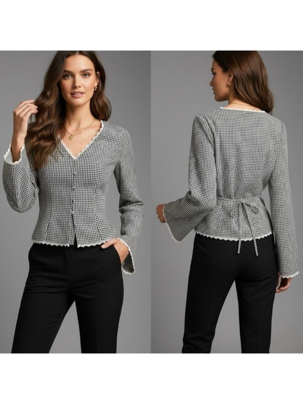 Shepherd Check Lace Cap Sleeve Single Button Blouse